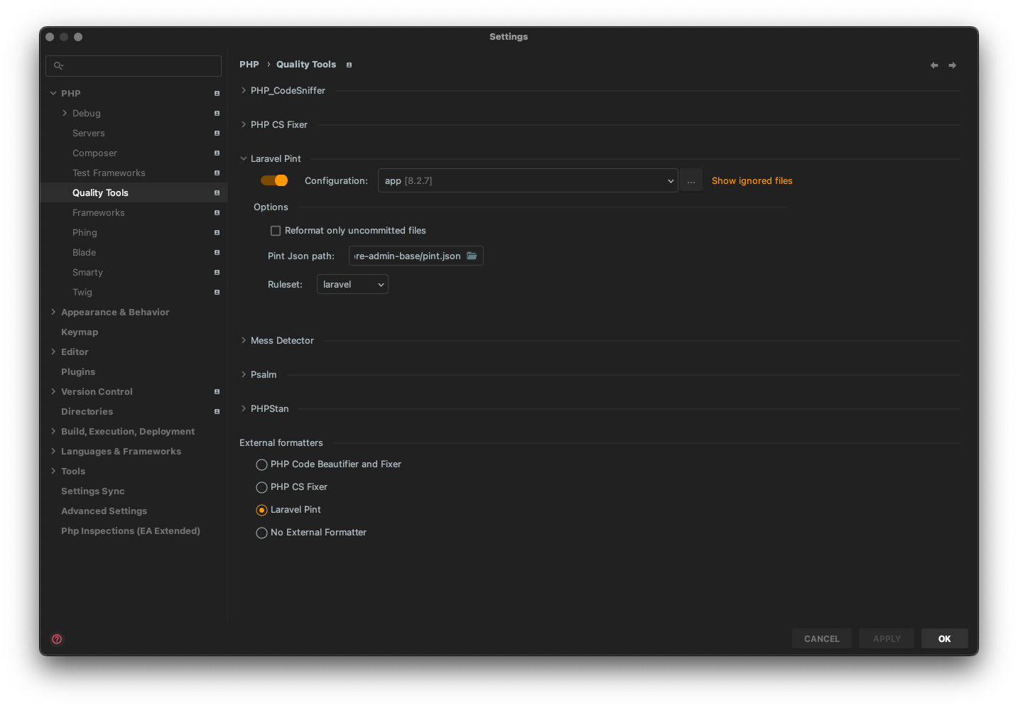 PhpStorm activate pint